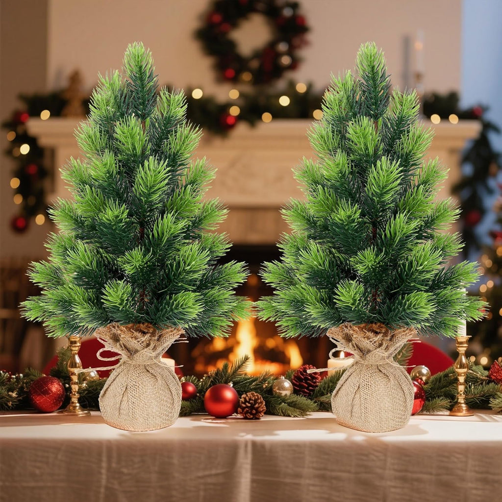Lulu Home 2 Packs 16.5 Inch Artificial Mini Christmas Tree, Small Tabletop Desktop Xmas Tree with Burlap Base, Realistic Pine for Home Office Party Festival Decorations