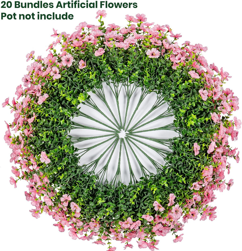 20 Bundles Artificial Flowers for Outdoor Fake Plants for Spring Decoration,Faux Eucalyptus Flowers for Planter UV Resistant Lifelike for Home Porch Garden（Pink）