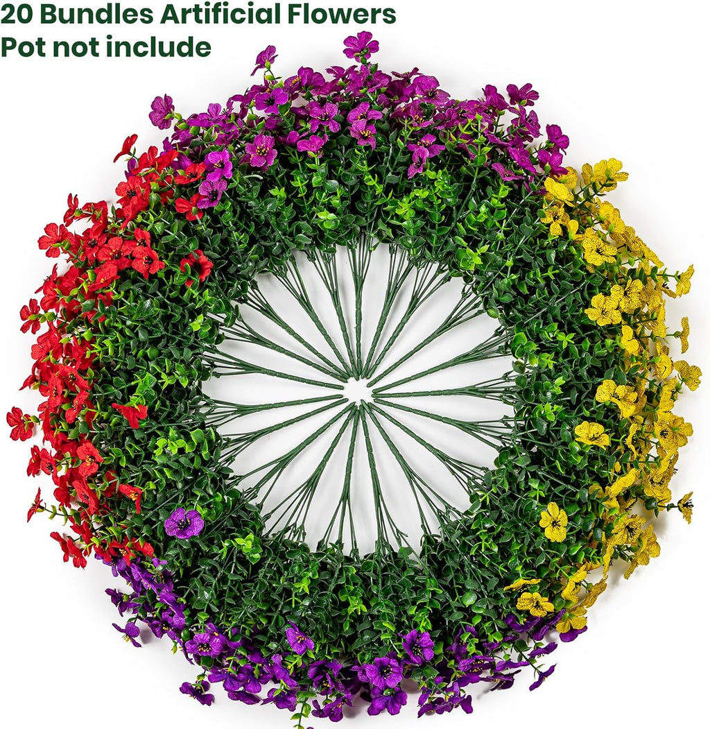 20 Bundles Artificial Flowers for Outdoor Fake Plants for Spring Decoration,Faux Eucalyptus Flowers for Planter UV Resistant Lifelike for Home Porch Garden（4 Color）