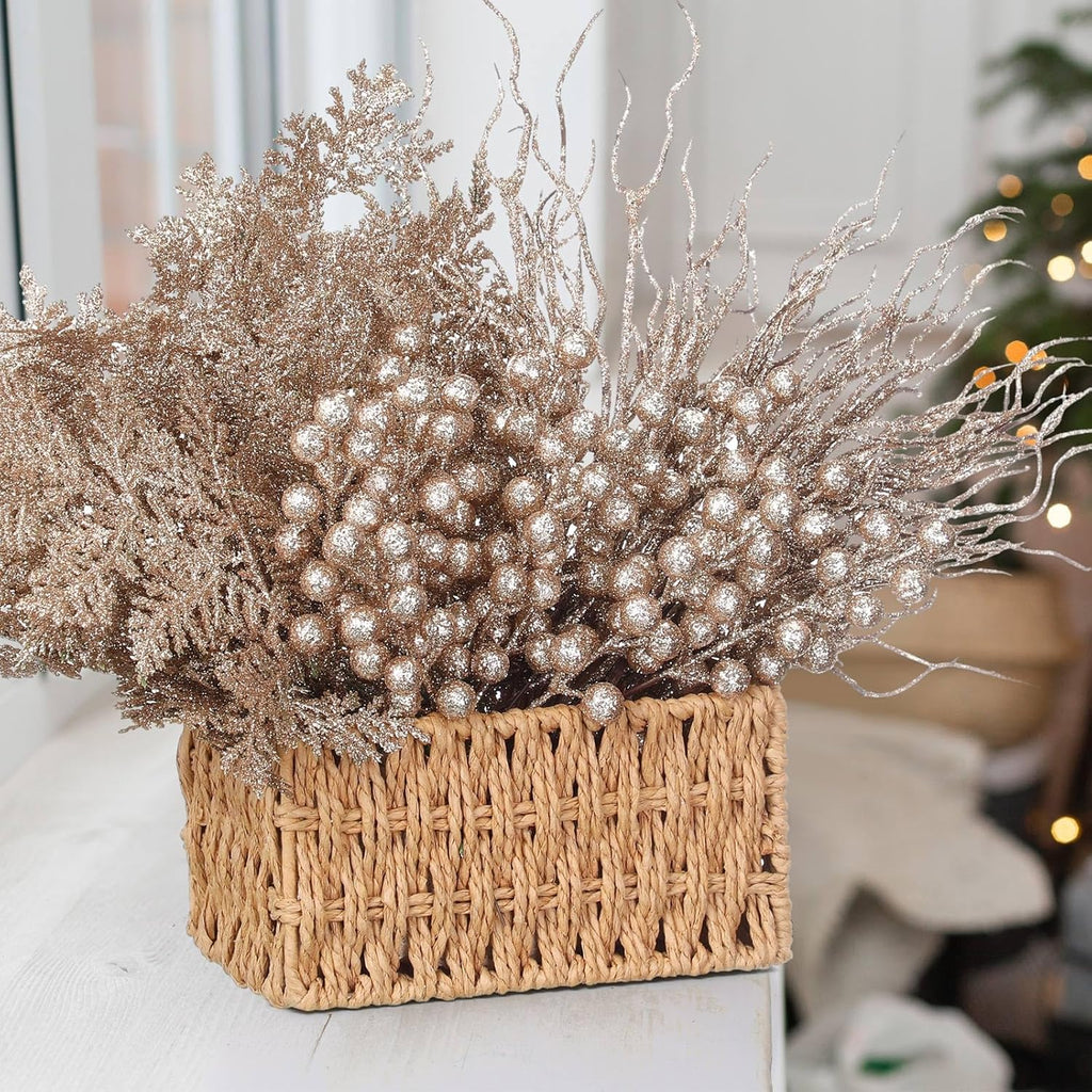 75 Pcs Christmas Glitter Branches 3 Styles Artificial Christmas Picks Berries Stems Pine Needles Floral Twig Spray for Xmas Tree Ornaments DIY Wreath Garland(Champagne Gold)