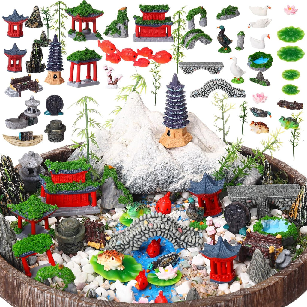 58 Pcs Miniature Garden Set, Fairy House Diorama Accessories Rockery Pavilion Bridge Mini Figurines Micro Landscape Ornaments Mixed Model Trees for DIY Garden Decor Succulent Dollhouse Craft