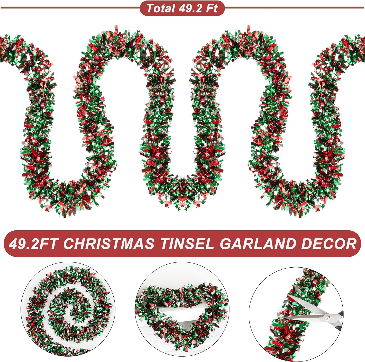 50 Feet Red & Green Silver Christmas Tinsel Garland Metallic Twist Shiny Hanging Garland for Christmas Tree Decorations Xmas Holiday Decor for Home Indoor Party Supplies (Red & Green Silver)