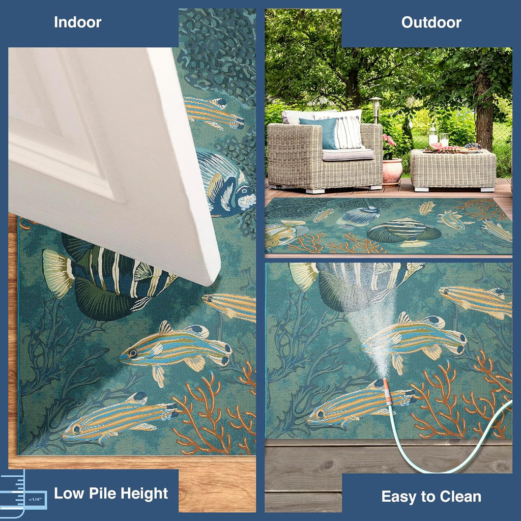 Liora Manne Marina Indoor/Outdoor Power Loomed Synthetic Blend Low Profile Area Rug - Transitional Graphic Coastal Animal Colorful (Fish Aqua) (4'10" x 7'6")