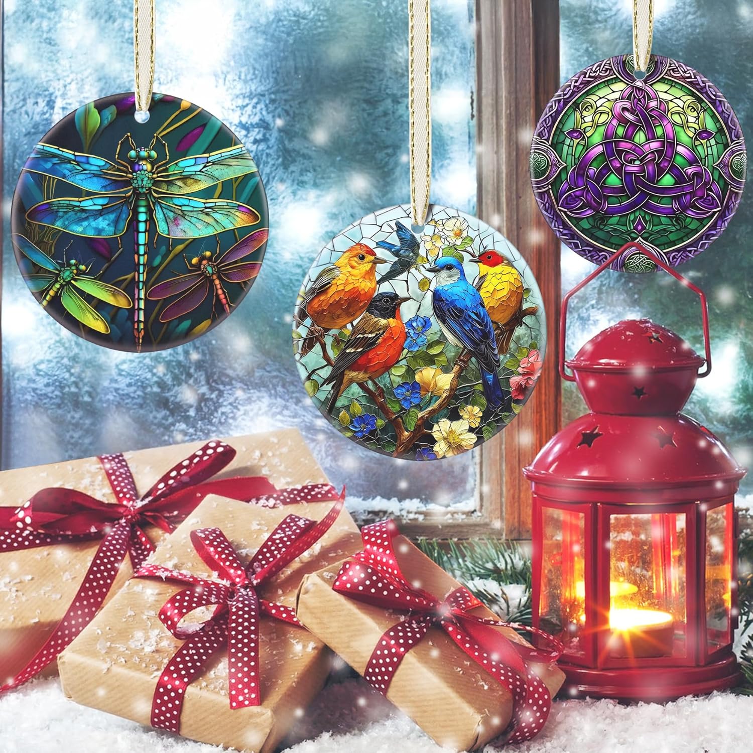 2025 Christmas Ornament, Christmas Tree Decoration, Round Ceramic Holiday Tree Decor - Birds on Branches. Gift Idea for Friends