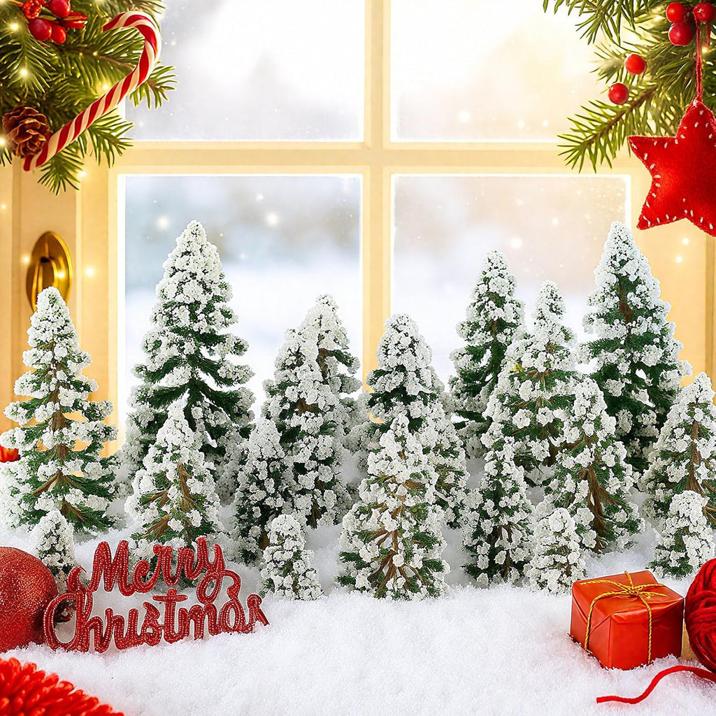Skylety 35 Pieces Model Trees 1.2-6.3 Inch Mixed Miniature Trees Diorama Supplies Fake Plants Train Scenery Landscape Christmas Village Architecture DIY Crafts(Dark Green,Snowy Cedar)