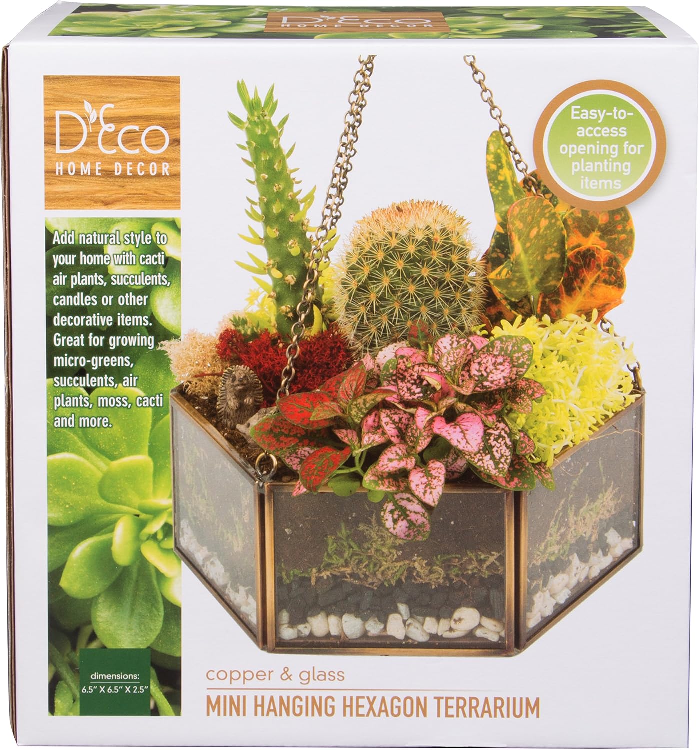 D'Eco Glass Mini Hexagon Display - Tabletop or Hanging Planter Terrarium for Home & Office Decor - Fill w/Succulents, Holiday Decorations, Mini Trees & Ornaments - Xmas Gift for Plant Lovers