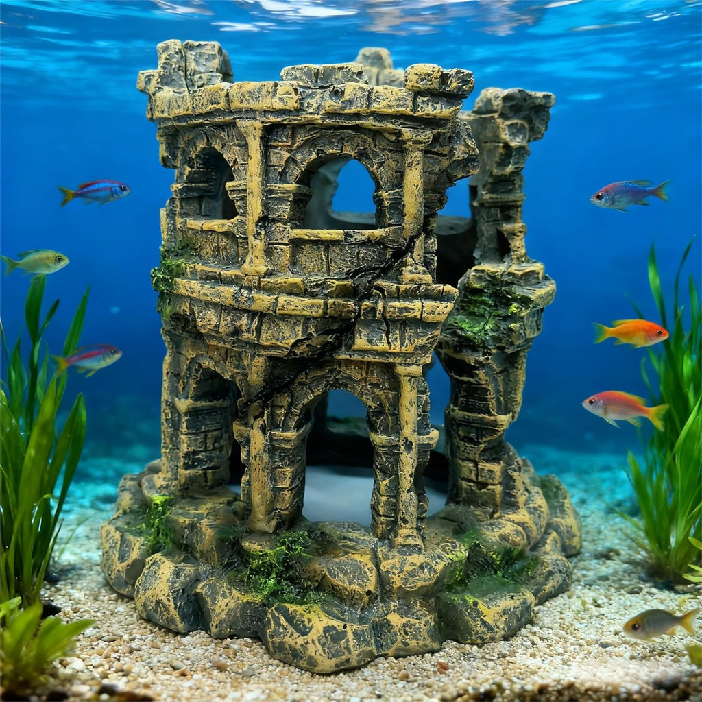 Round Roman Column Ruins Aquarium Decor, European Castle Fish Tank Hideout Rock, Antique Resin Ornament