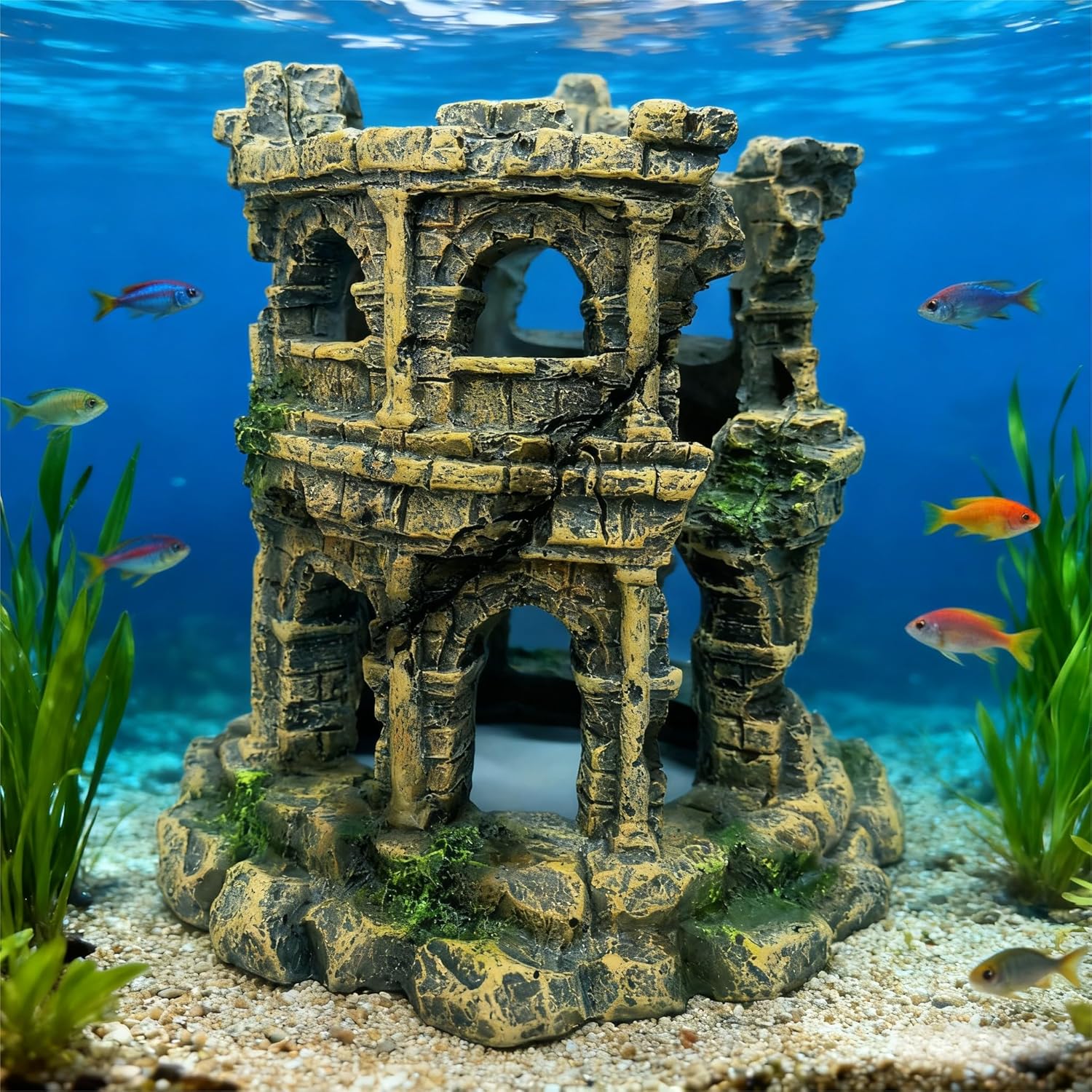 Round Roman Column Ruins Aquarium Decor, European Castle Fish Tank Hideout Rock, Antique Resin Ornament