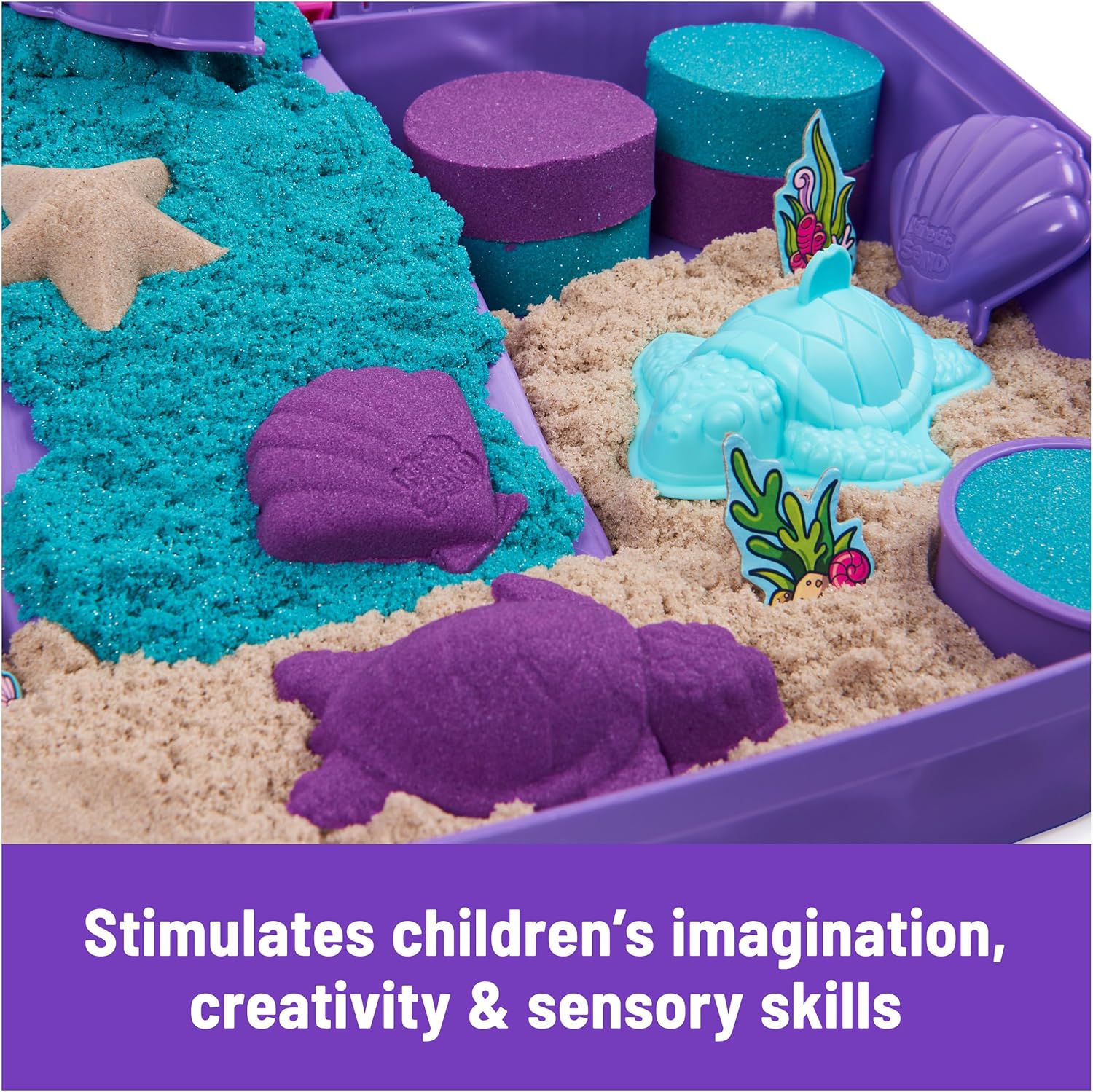 Kinetic Sand, Mermaid Palace Playset Folding Sandbox with 2.06lbs Play Sand (Neon Purple, Shimmer Teal & Beach), Tools, Sensory Toys, Stocking Stuffers for Kids Ages 3 and up