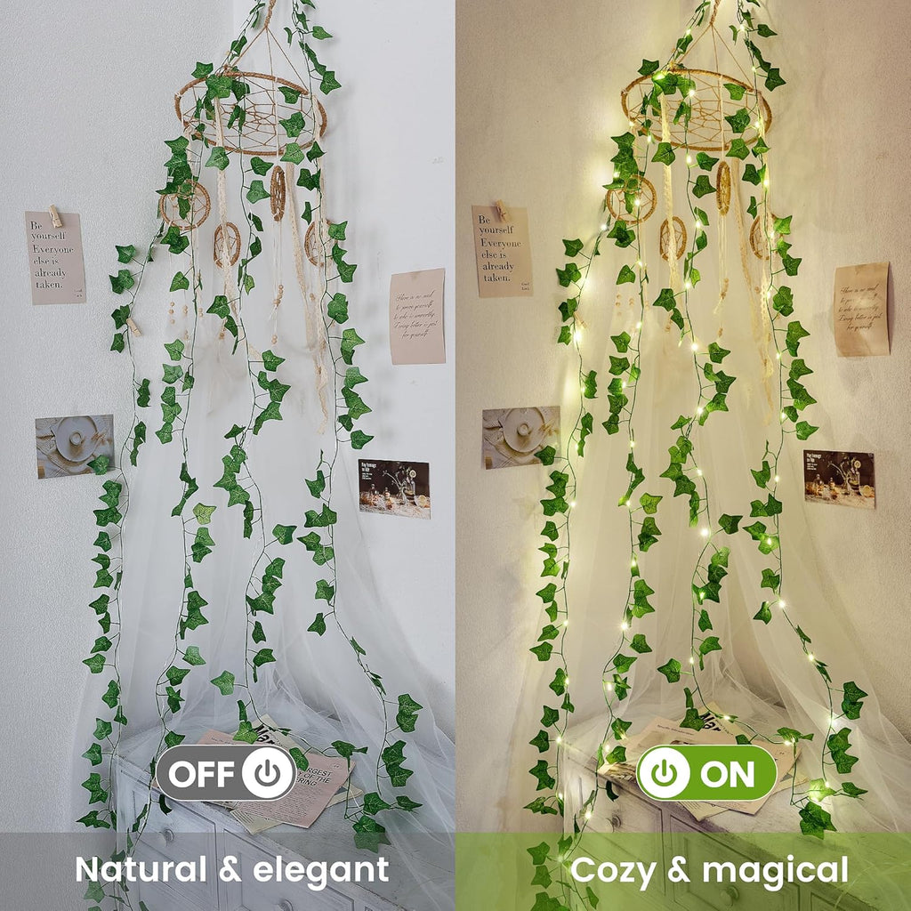 Vine with String Lights Battery Operated, 23FT 73 LED Ivy Leaf Lights USB Powered, Lighted Ivy Garland for Bedroom, Wall, Party, Garden, Birthday, Wedding, Room Decor, Warm White