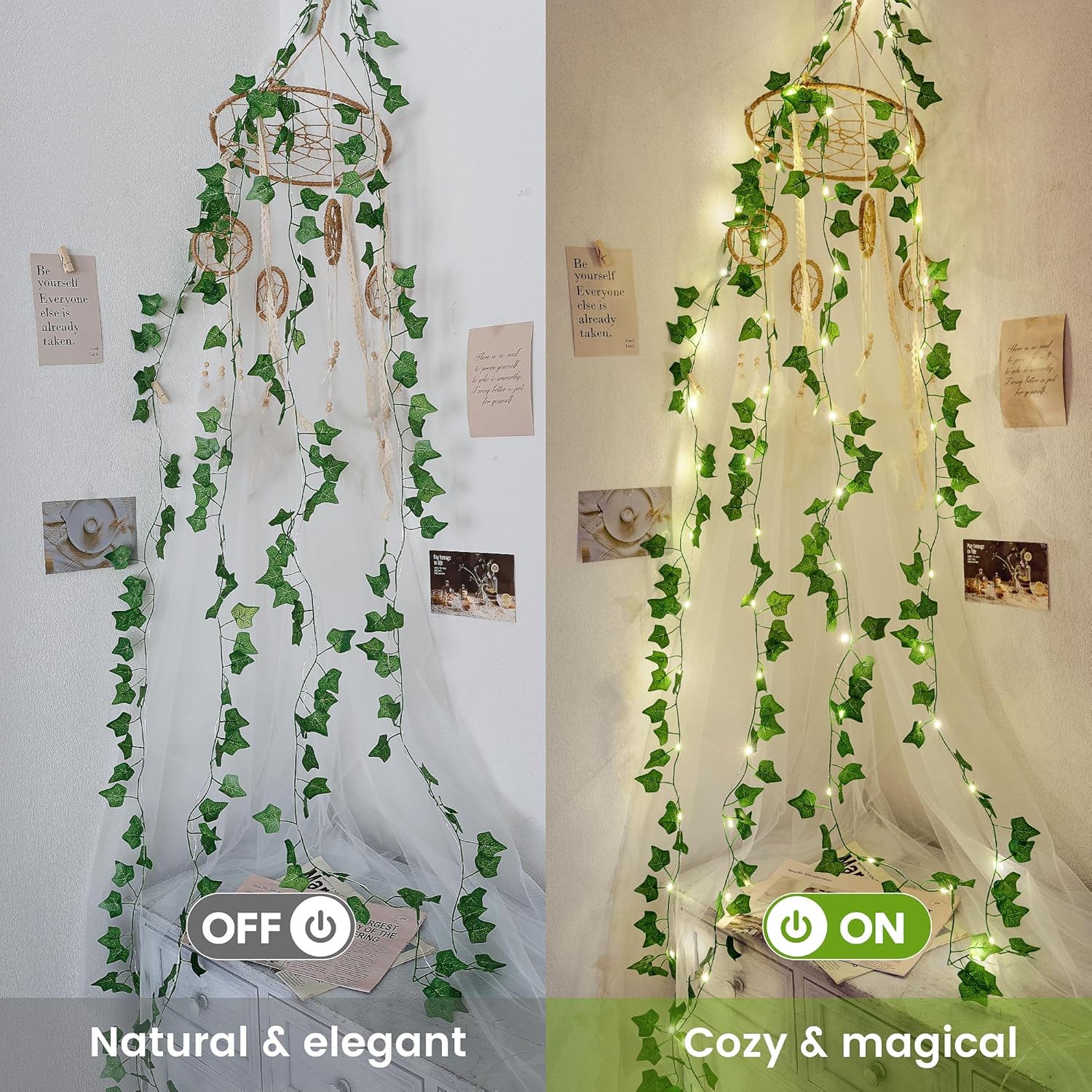 Vine with String Lights Battery Operated, 23FT 73 LED Ivy Leaf Lights USB Powered, Lighted Ivy Garland for Bedroom, Wall, Party, Garden, Birthday, Wedding, Room Decor, Warm White