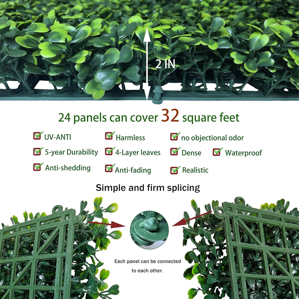 Artificial Grass Wall Backdrop Panels,16 X 12 in 24P(32 sqft) UV-Anti Greenery Boxwood Panels for Indoor Outdoor Green Wall Decor & Ivy Fence Covering Privacy