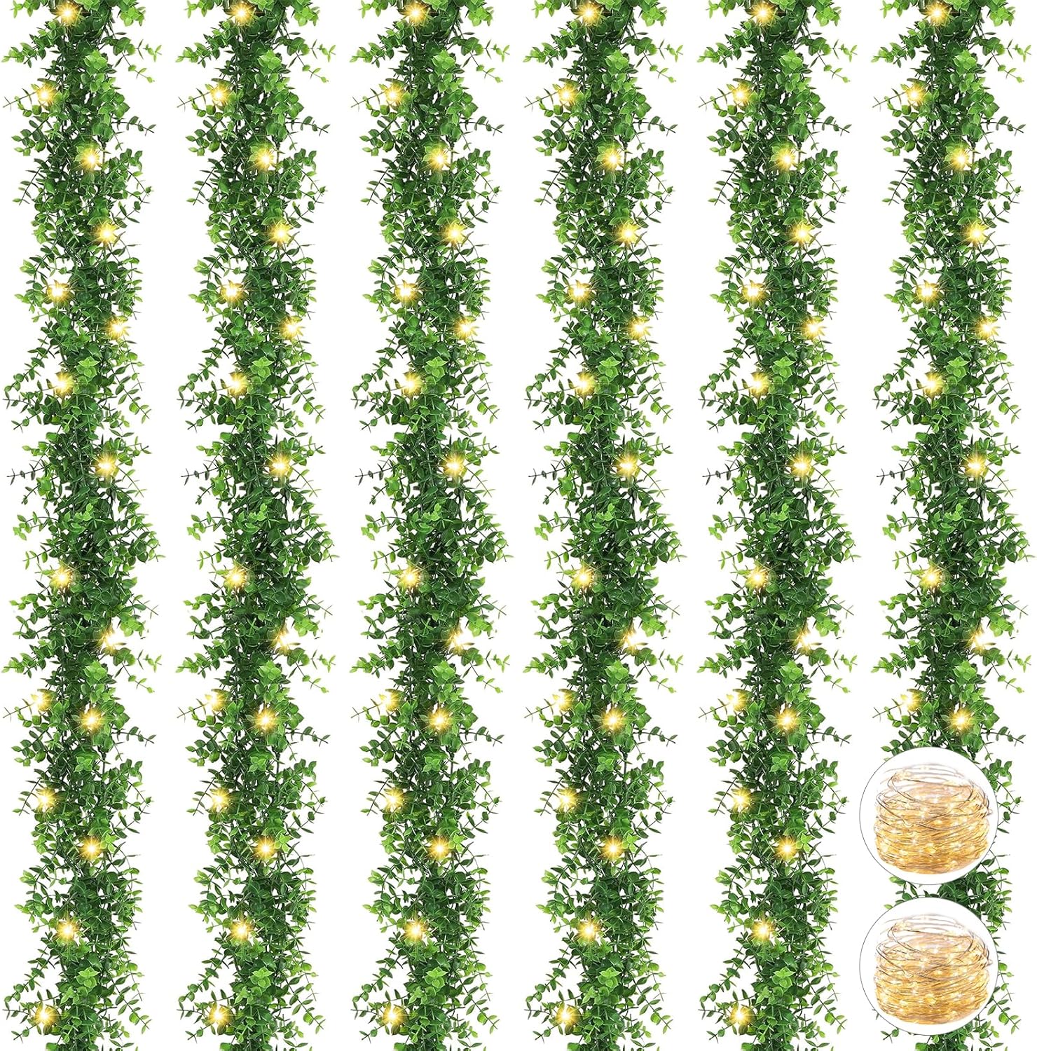 Artflower 6 Pack Artificial Eucalyptus Garland with Lights, 5.9Ft/pcs Faux Eucalyptus Vines Greenery Garland Fake Plant for Wedding Backdrop Arch Wall Decor, Grey Green