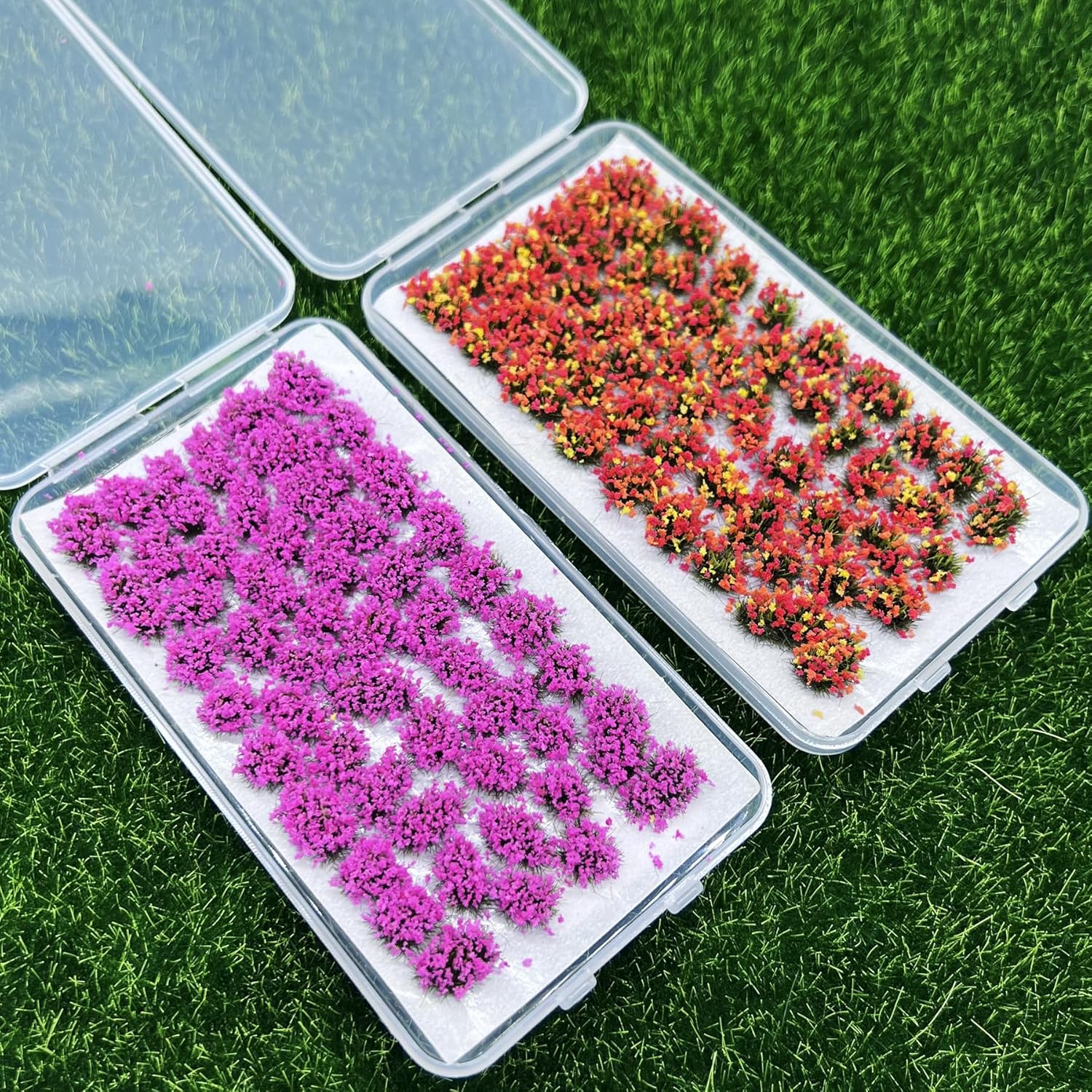 Woohome 2 Pack Miniature Colorful Flower Cluster Self Adhesive Flower Vegetation Groups Pink Orange Static Grass Tufts for Train Landscape Railroad Scenery Sand Military Layout Model