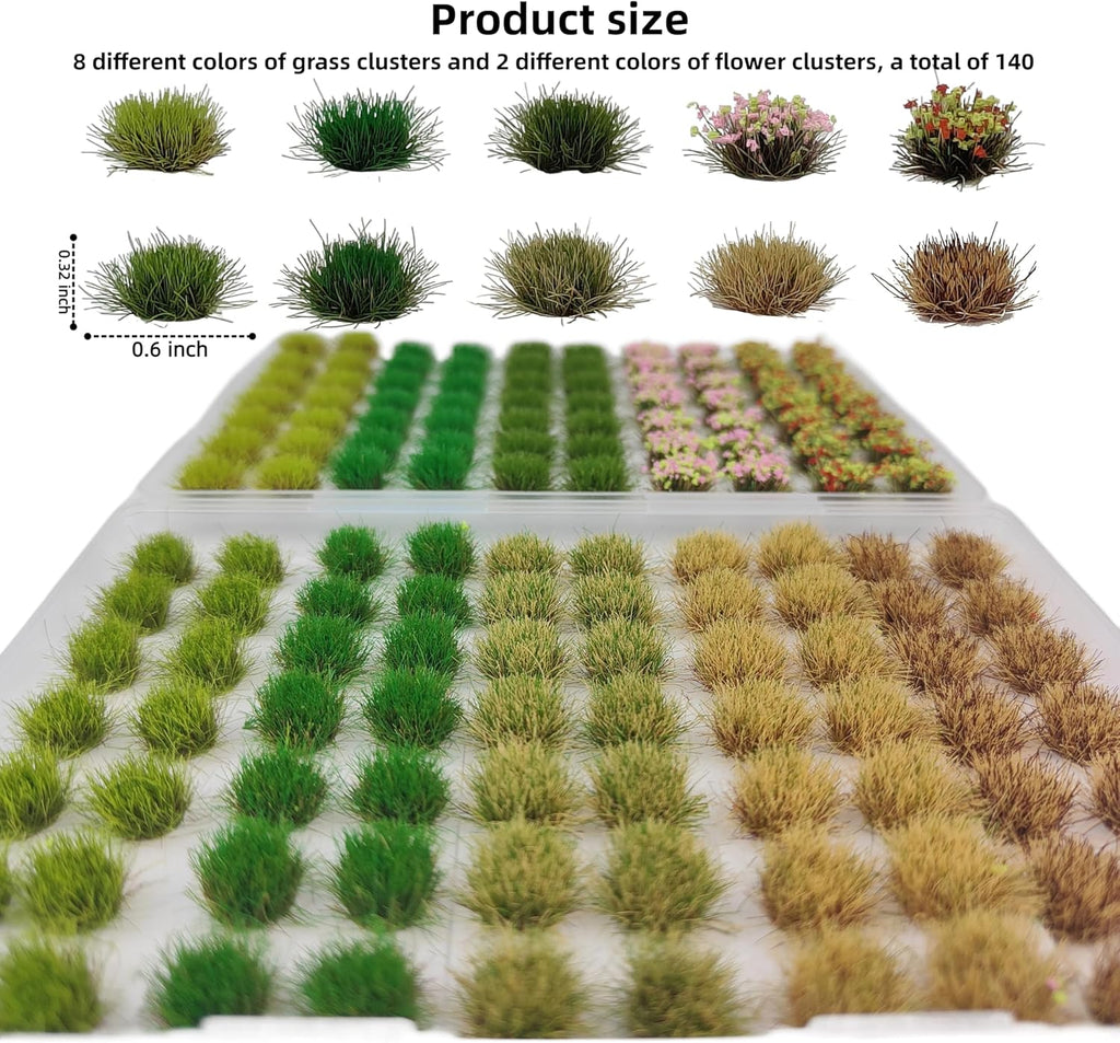 140 Pcs Static Grass Tufts & Miniature Flower Clusters - Artificial Grass Terrain Scenery Kit for Model Train Railway, Military Sand Table, DIY Diorama Landscape (B)