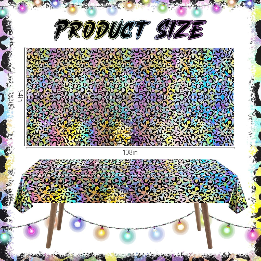 2 Pack Colorful Leopard Print Holography Tablecloth, 54x108, Disposable Plastic Table Cover for Jungle Safari, Cheetah Theme, Birthday Party, and Event Decorations