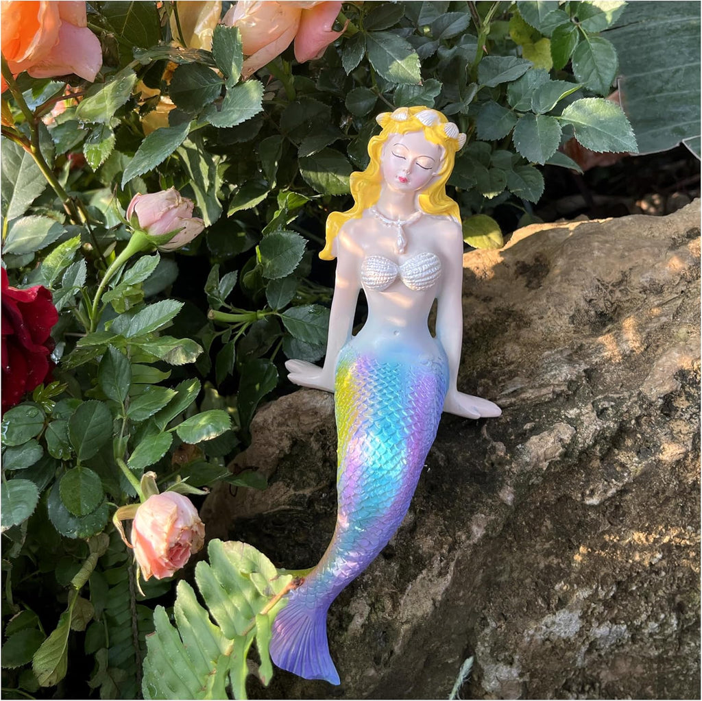 Sitting Mermaid Resin Siren Figurines for Fairy Garden Flower Pot Yard Aquarium Fishtank Bookshelf Home Decor 9Inch (Sitting Mermaid)