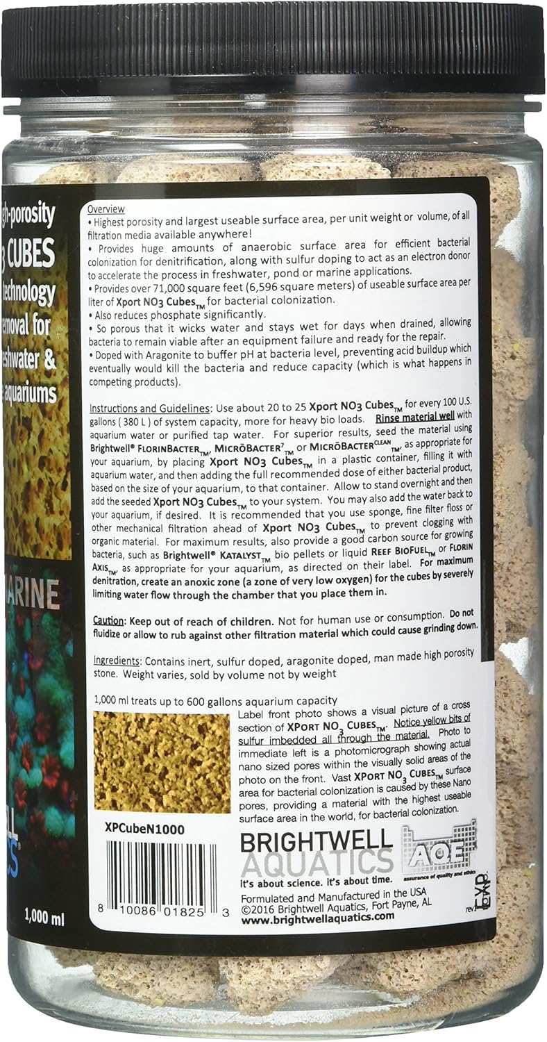 Brightwell Aquatics Xport-NO3 Cubes - ½” Cubes, Sulfur Doped, Activated Denitrification Media, 1000-ML (XPCubeN1000)