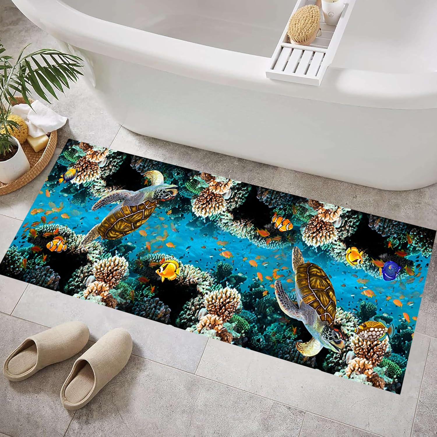 Underwater World Runner Rug, 2.6x7ft, 3D Optical Marine Animals Sea Turtle Clownfish Coral Blue Coastal Rug, Nautical Themed Decor Area Rug for Entryway Foyer Kitchen Bedroom