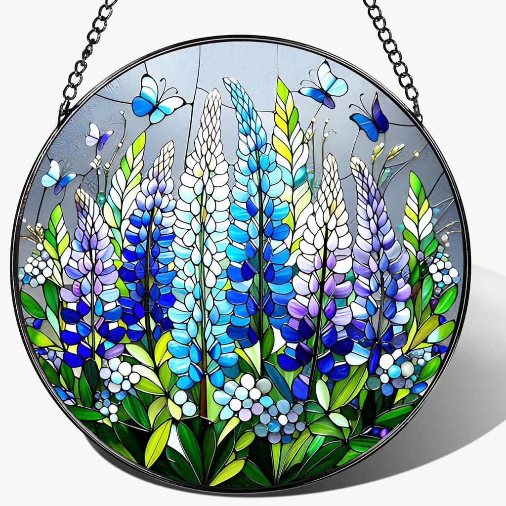 8-Inch Stained Glass Ornament, Stained Glass Window Hanging, Window Hanging Decor Suncatcher, Texas Bluebonnet Ornament | Christmas, Mother's Day, Birthday | Gifts for Mom, Garden Gifts for Friends