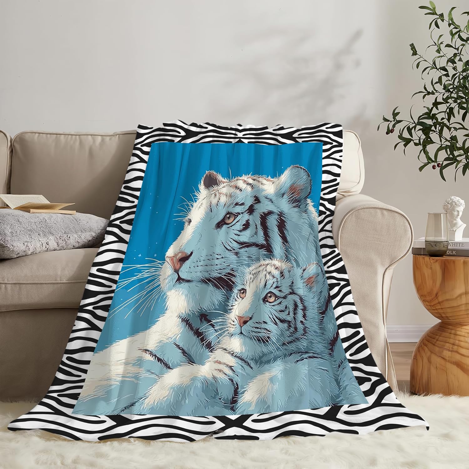 White Tiger Throw Blanket White Tiger Stuff Gifts for Kids Girls Boys Adults Women Men Soft Cozy Warm Plush Fluffy Fuzzy Fleece Blanket Decor 60''X80''
