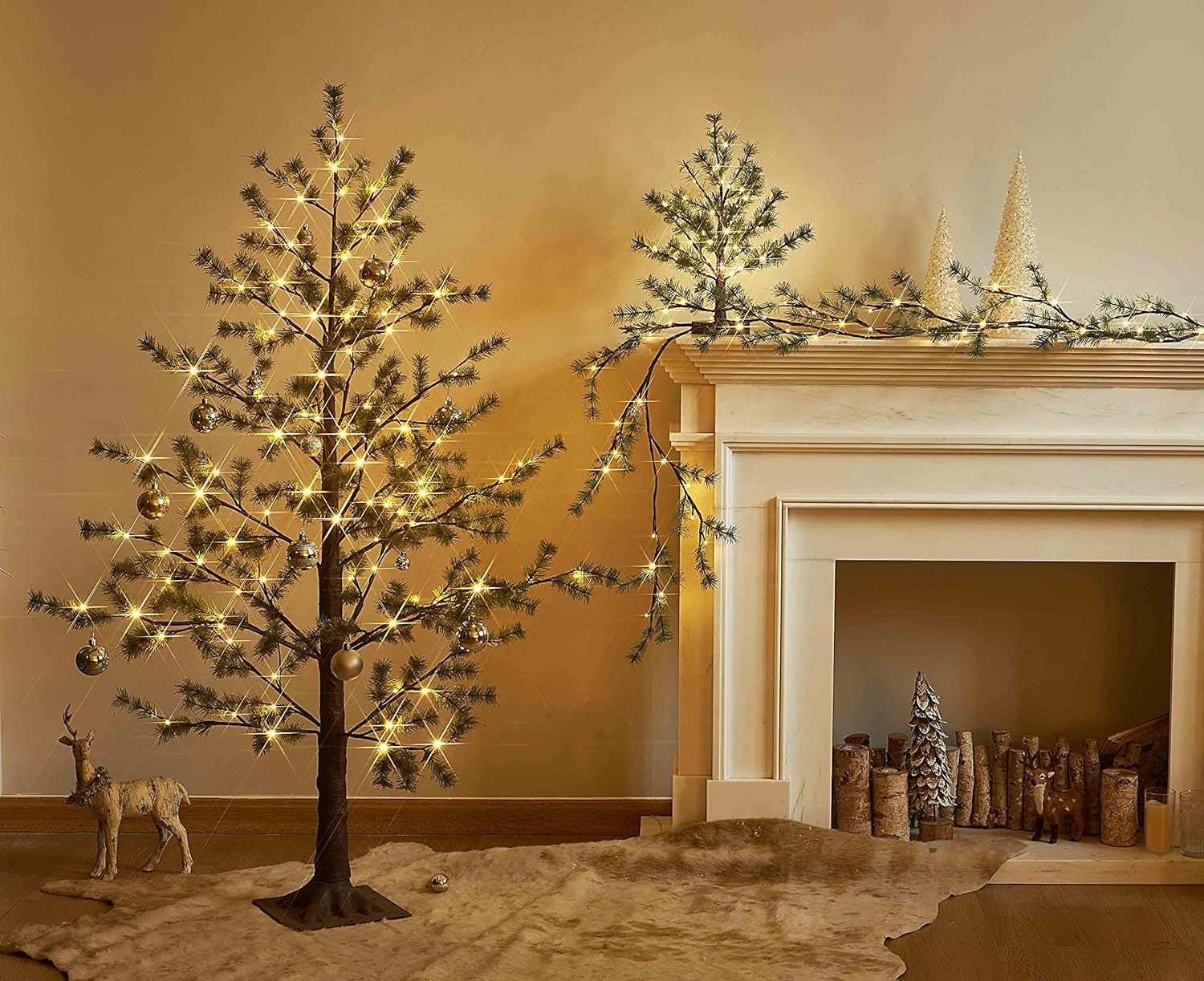 Hairui Christmas Tabletop Pine Tree Lights 60 LED 18IN Battery or USB Oprerated with Timer, Lighted Pine Tree for Home Winter Holiday Decor Indoor Use