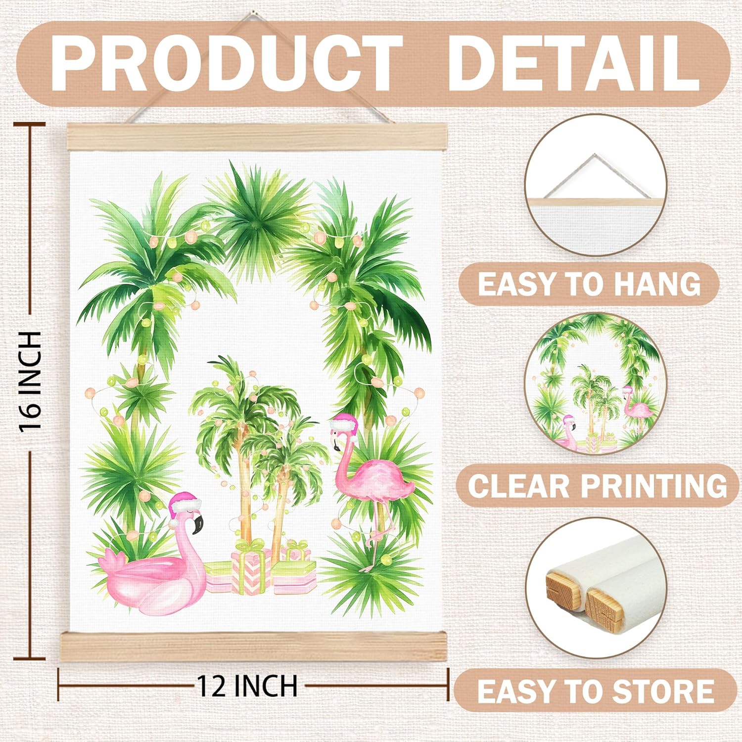 FDHSPAAM Pink and Green Christmas Flamingo Wall Art Decor, Tropical Christmas Decorations, Preppy Xmas Bird Palm Beach Wall Art Posters for Home Bedroom Living Room, 12x16 Inch