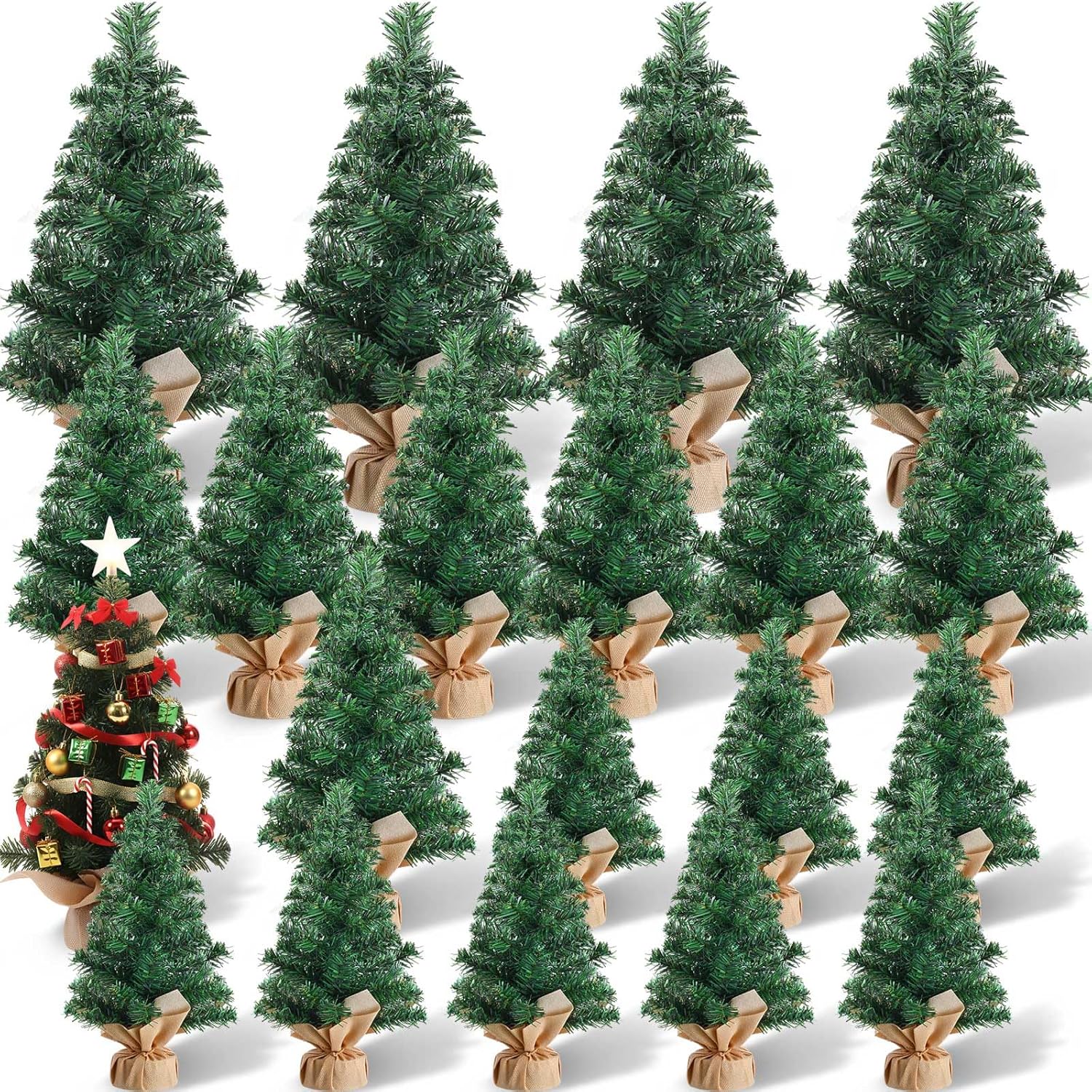 Libima 20 Pieces Tabletop Mini Christmas Tree 15.7" 11.8" 7.9" Artificial Green Xmas Pine Tree Christmas Decorations for Home Miniature Trees with Linen Base for Dining Kitchen Desk Home