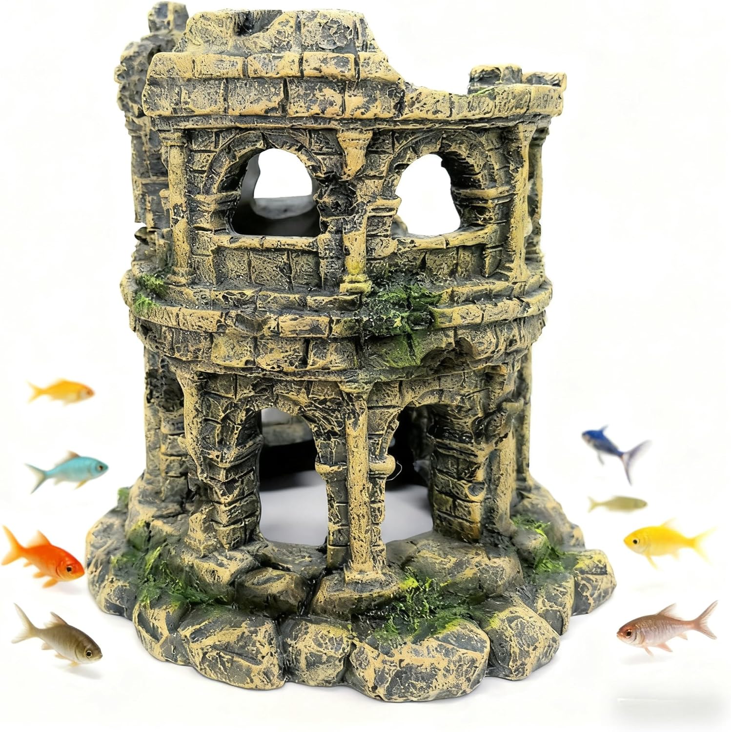 Round Roman Column Ruins Aquarium Decor, European Castle Fish Tank Hideout Rock, Antique Resin Ornament