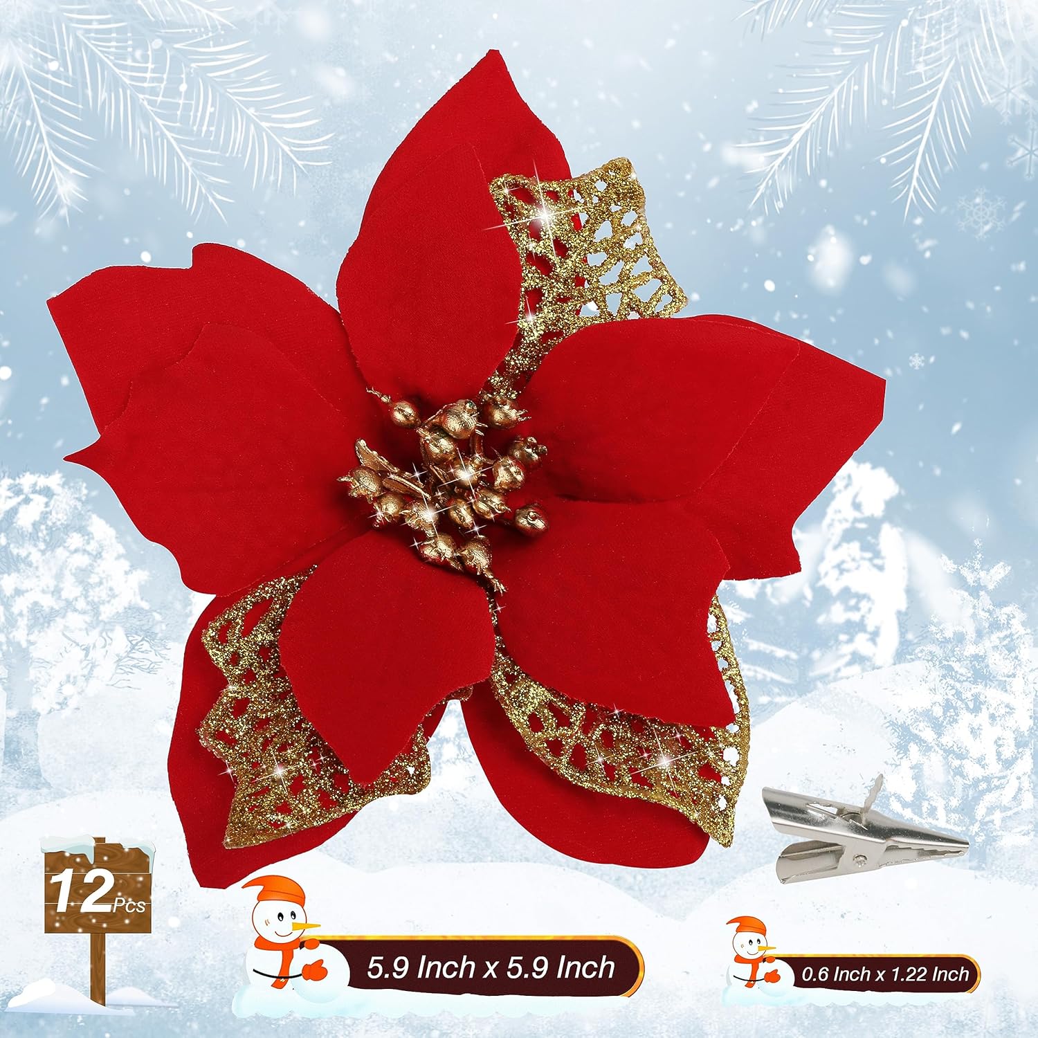 12 PCS Poinsettia Flower Artificial Poinsettia Christmas Decoration 5.9'' Red Glitter Poinsettias Christmas Ornaments Christmas Tree Flower Decor with Clips DIY Xmas Wreath Holiday Home Party Decor