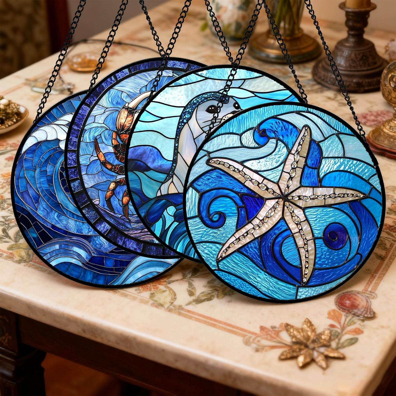 Stained Glass Window Hanging 4 Pcs Set Blue Ocean Waves 6.3" - Starfish Crab Seal Suncatcher Door Garden Sun Catcher Decor Birthday for Mom Woman Nana Men Friend