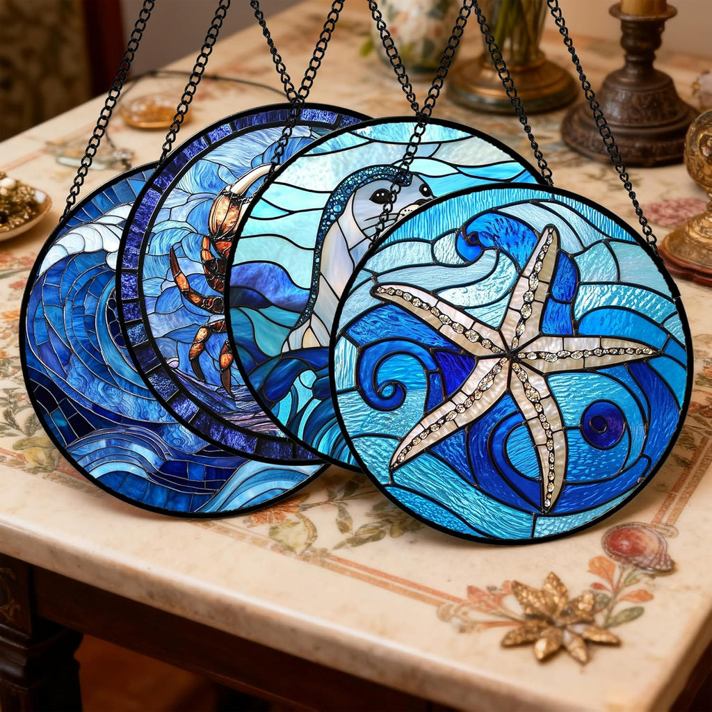 Stained Glass Window Hanging 4 Pcs Set Blue Ocean Waves 7.8" - Starfish Crab Seal Suncatcher Door Garden Sun Catcher Decor Birthday for Mom Woman Nana Men Friend