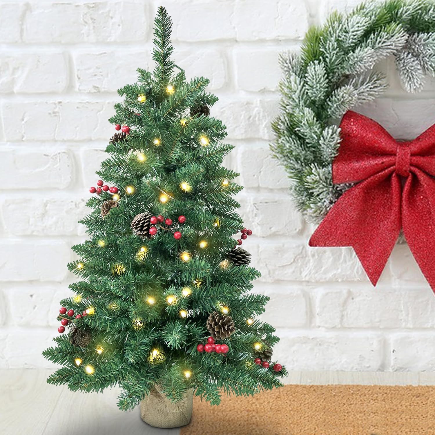 3ft Pre-lit Mini Christmas Tree,Artificial Pine 121 PVC Branches Tips with 11 Red Berries & 11 Pinecone & 70 LED String Lights & Burlap Wrapped Base Decor Xmas Tree for Tabletop,Battery Operated