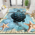 Nautical World Map Area Rug, 6x9ft, Coastal Sea Turtle Starfish Children's Rugs, Blue Ocean Themed Washable Dirty Resistant Mat, Soft Cozy Thin Easy Clean Mat for Floor Living Room