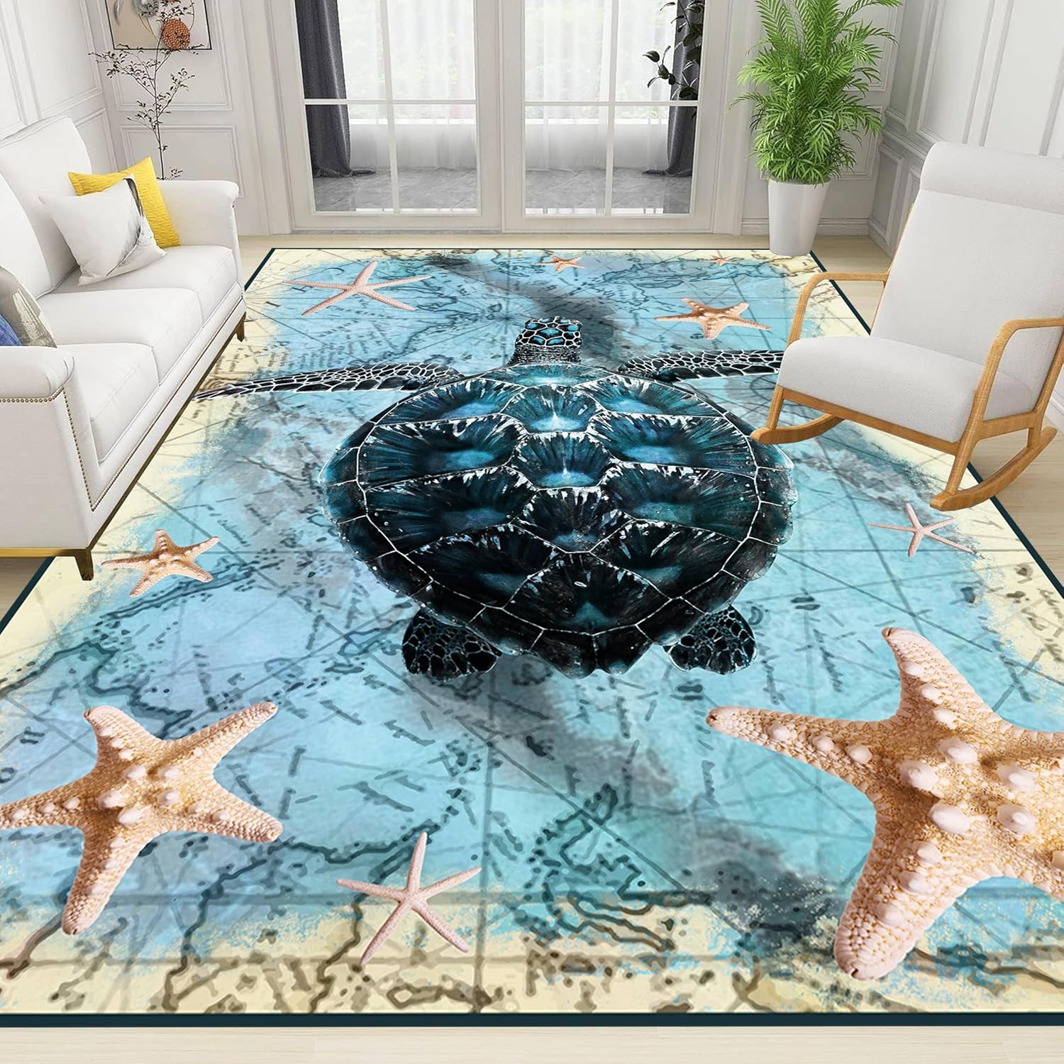 Nautical World Map Area Rug, 3x5ft, Coastal Sea Turtle Starfish Children's Rugs, Blue Ocean Themed Washable Dirty Resistant Mat, Soft Cozy Thin Easy Clean Mat for Floor Living Room