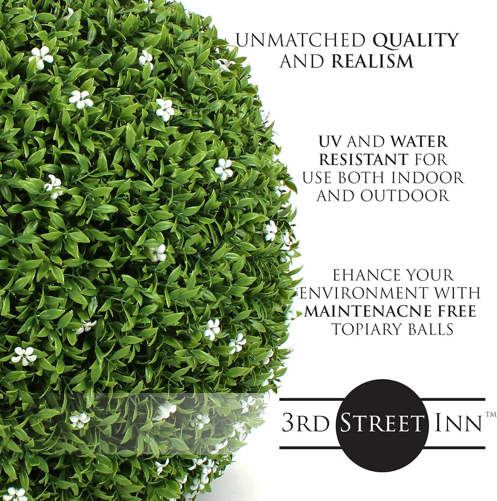 3rd Street Inn Medium White Flower Grass Topiary Ball - Artificial Plant Set - Indoor/Outdoor Wedding Party Decor - Faux Foliage Garden Sphere - Tree and Bush Substitute (11", 2 Pack)