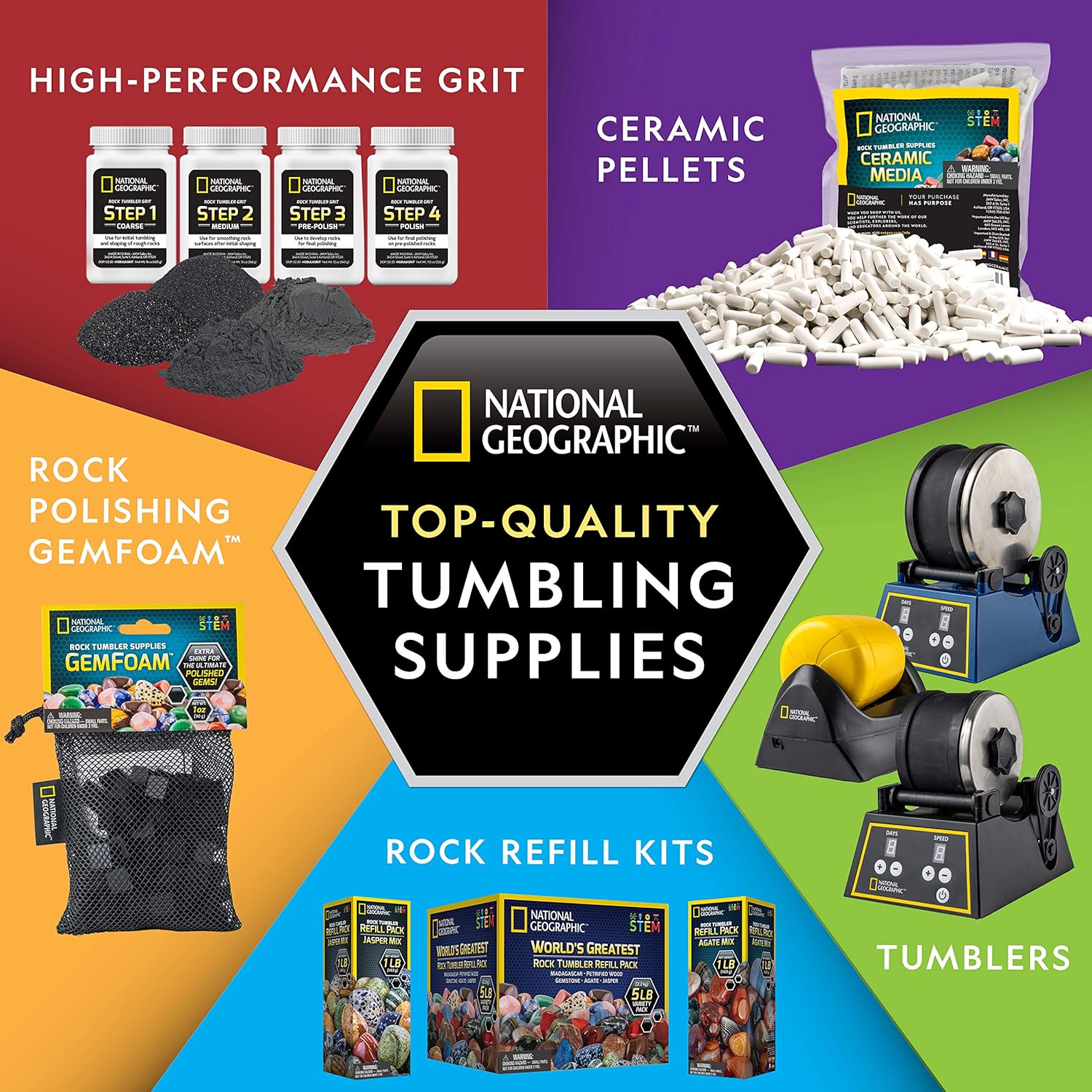 Blue Marble National Geographic Rock Tumbler Media – The Ultimate Rock Polishing Supplies Kit, 4 Stage Bulk Grit, 1.5 Pounds of Ceramic Pellets, GemFoam Polishing Tumbling Media