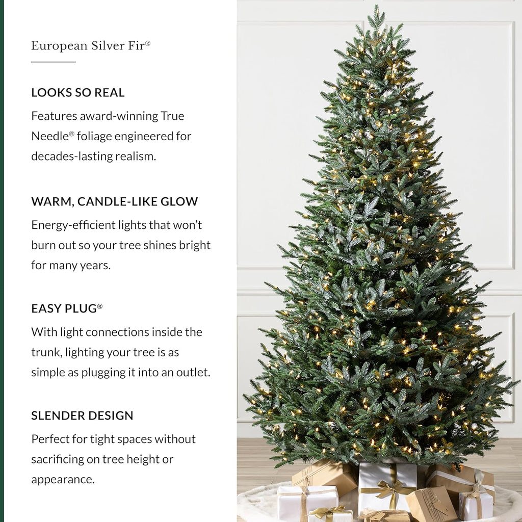 Balsam Hill European Silver Fir - Elegant Artificial Christmas Tree with True Needle Foliage Available Unlit or with LED Clear Lights, LED Clear, 7'