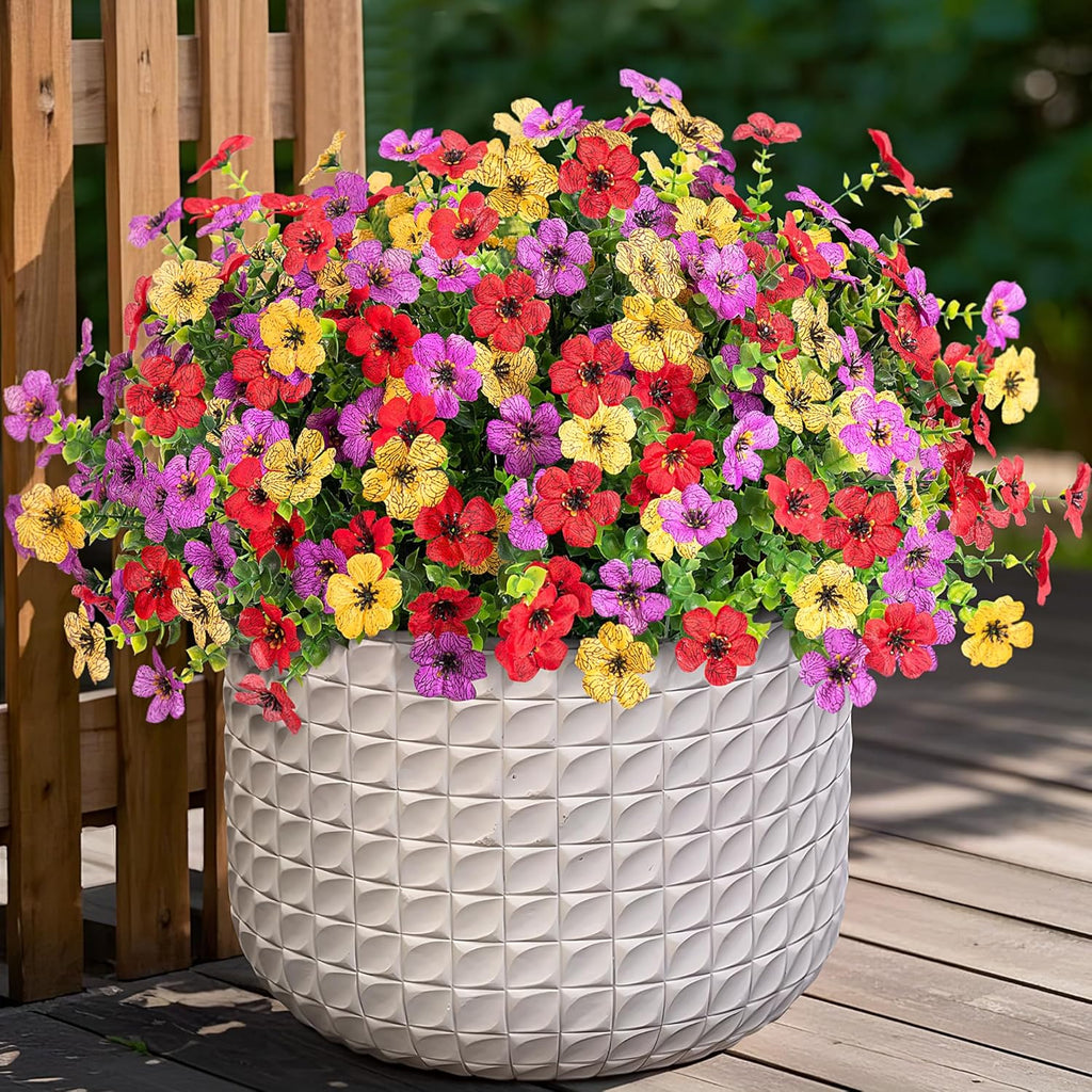 Fall Mums Artificial Flowers for Outdoors Potted, 12 Bundles Fake Fall Daisy Flower with Realistic Eucalyptus Leaves, Fake Plants for Greenery Boxwood Porch Patio Garden Pot Lawn(Red Purple Yellow)