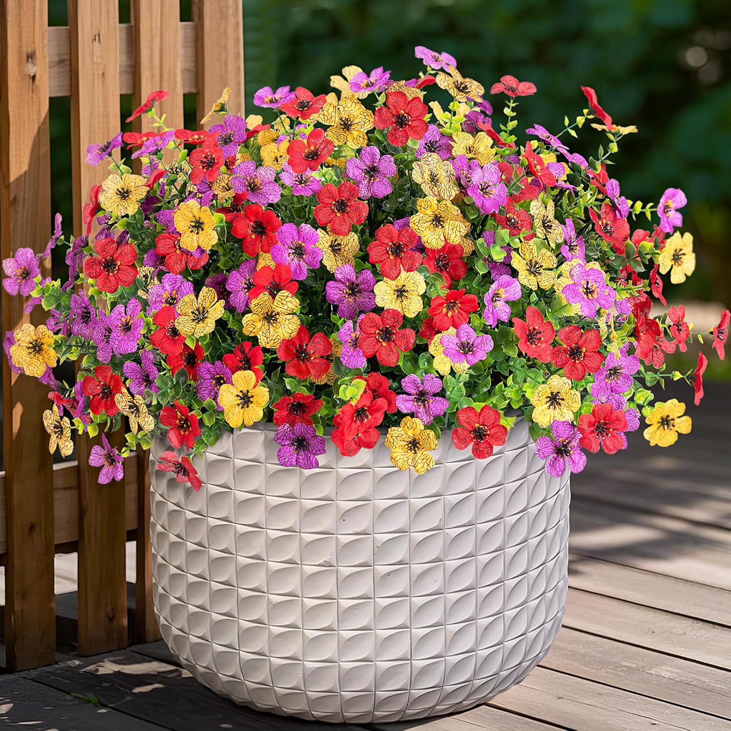 Fall Mums Artificial Flowers for Outdoors Potted, 12 Bundles Fake Fall Daisy Flower with Realistic Eucalyptus Leaves, Fake Plants for Greenery Boxwood Porch Patio Garden Pot Lawn(Red Purple Yellow)