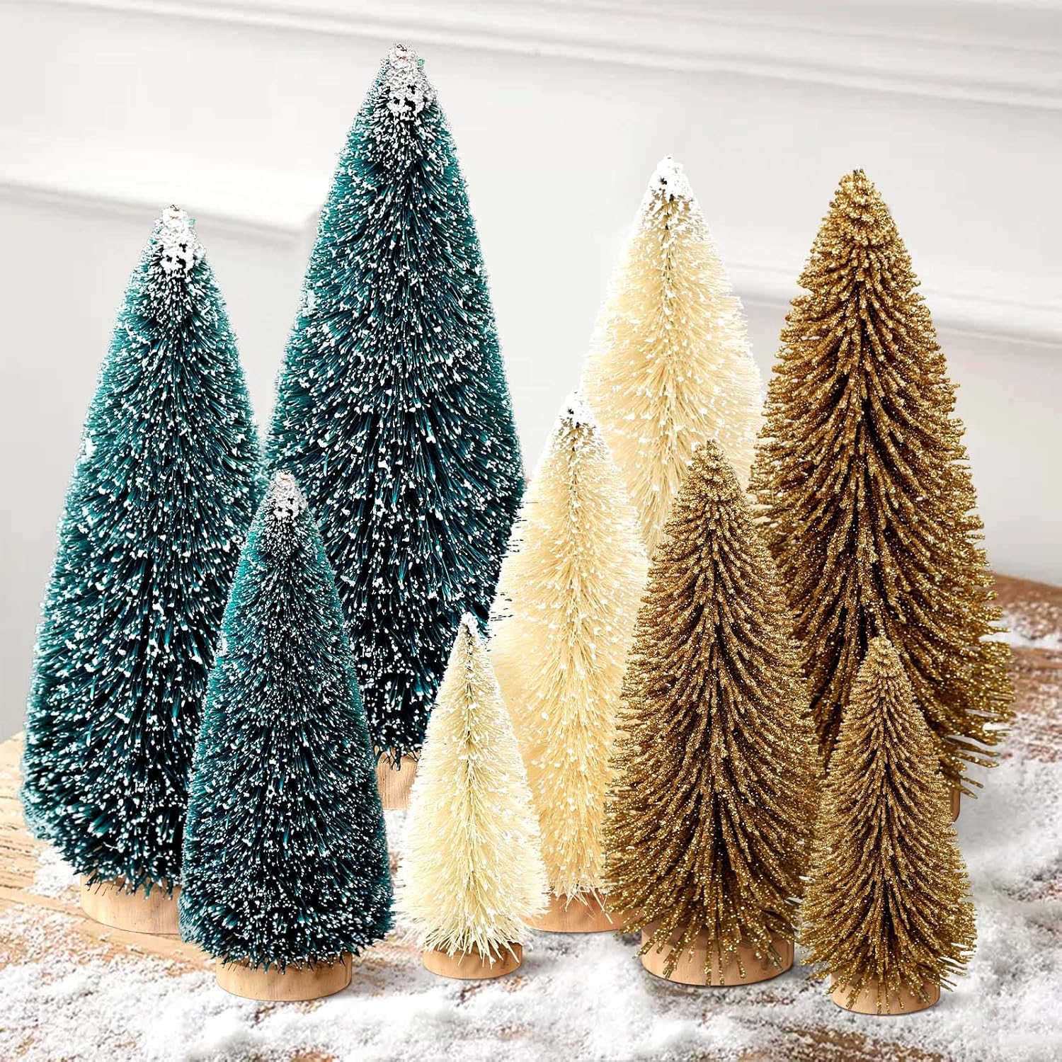 9Pcs Mini Christmas Trees Christmas Decor Artificial Christmas Decorations with 4 Sizes, Christmas Tree Bottle Brush Trees Christmas Table Decorations (Dark Green Golden Beige)
