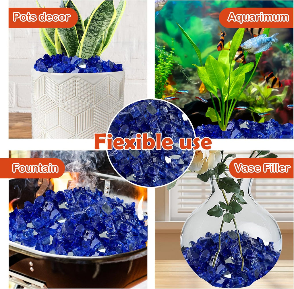 Sunnyglade 10-Pound Fire Glass - 1/2 inch, High Luster Reflective Tempered Glass Rocks for Fireplace, Fireglass for Fireplace Fire Pit (Blue, 10 Pounds)