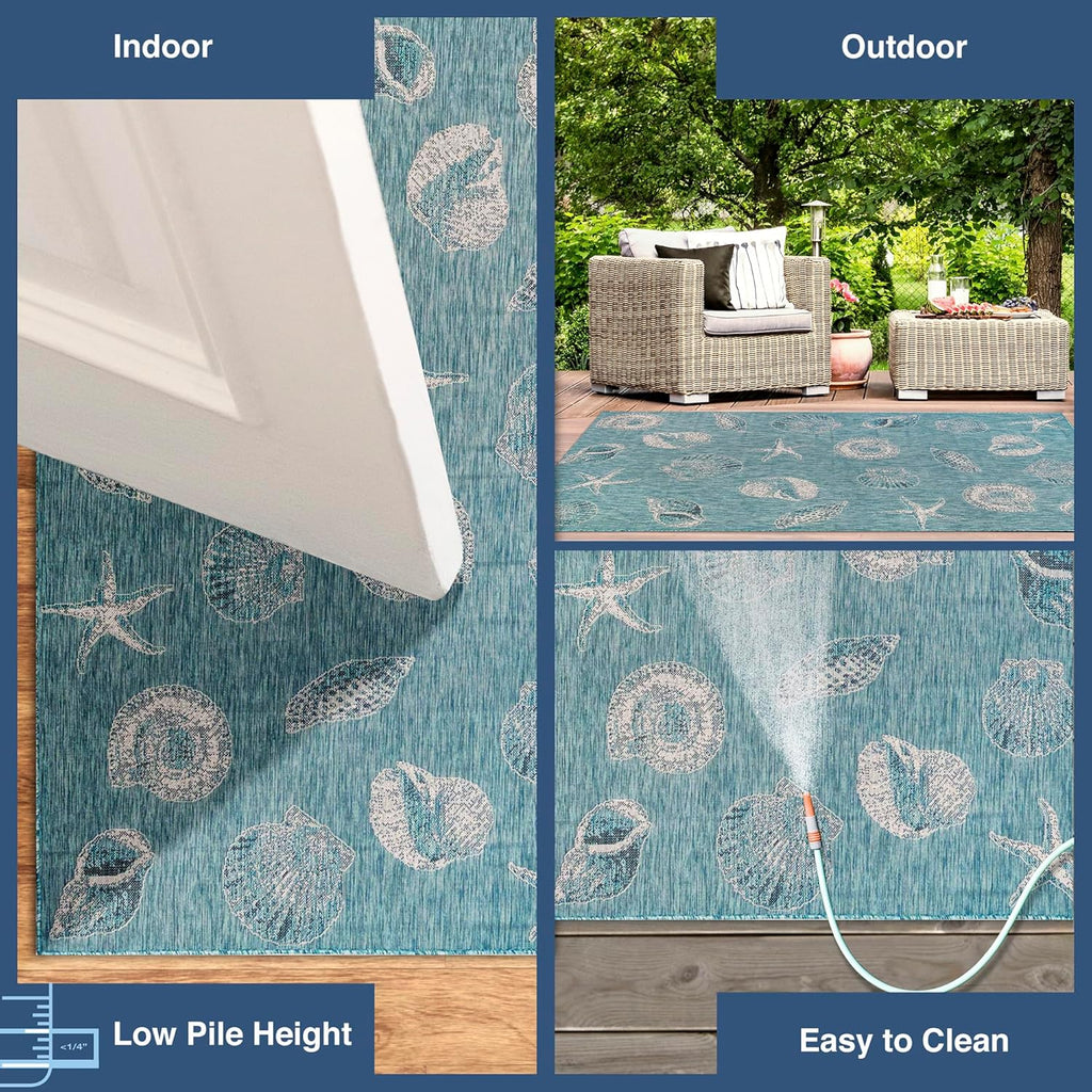Liora Manne CARMEL Indoor/Outdoor Power Loomed Synthetic Blend Low Profile Area Rug - Transitional Coastal Seashell Decorative (Shells Aqua) (7'10" Round)