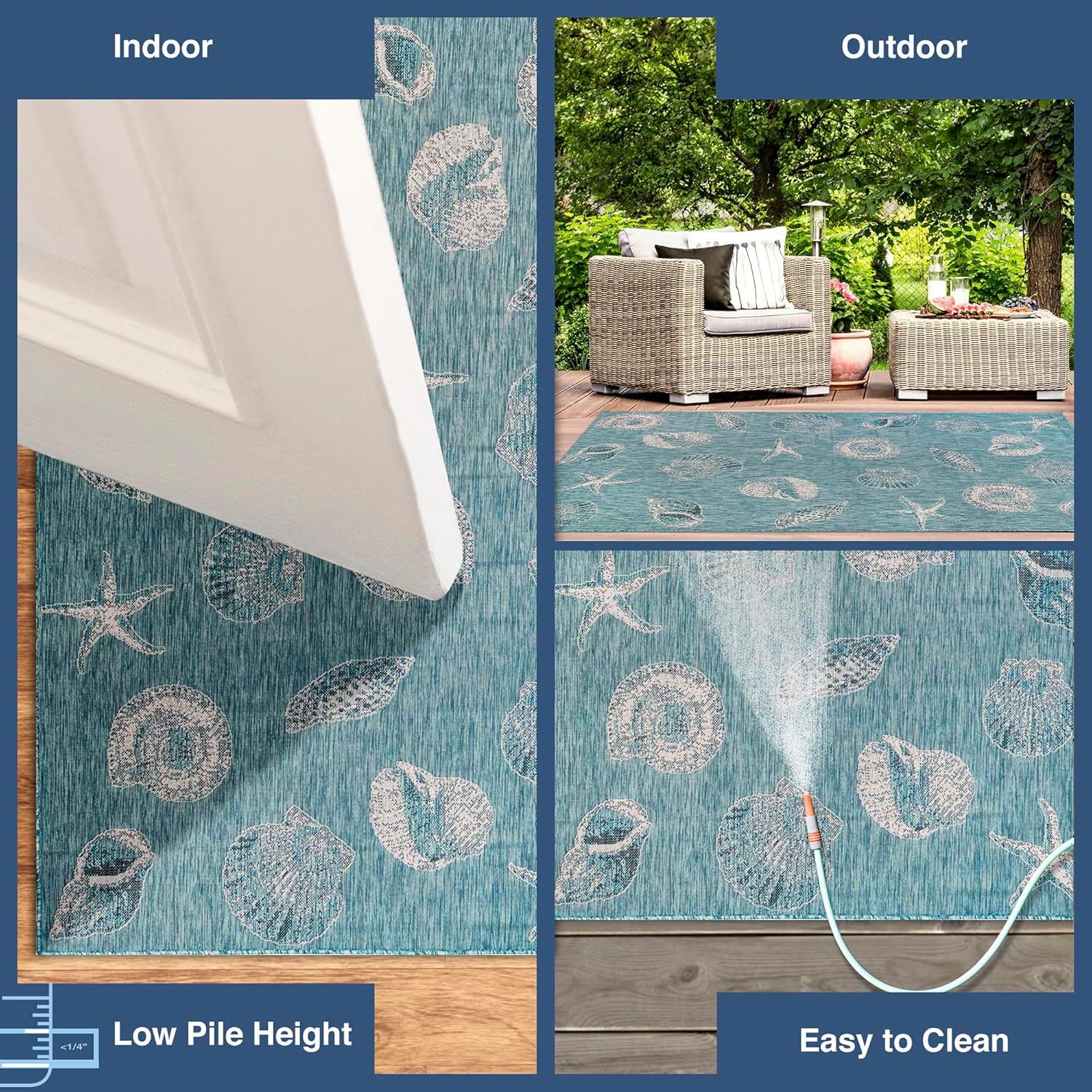 Liora Manne CARMEL Indoor/Outdoor Power Loomed Synthetic Blend Low Profile Area Rug - Transitional Coastal Seashell Decorative (Shells Aqua) (7'10" Round)