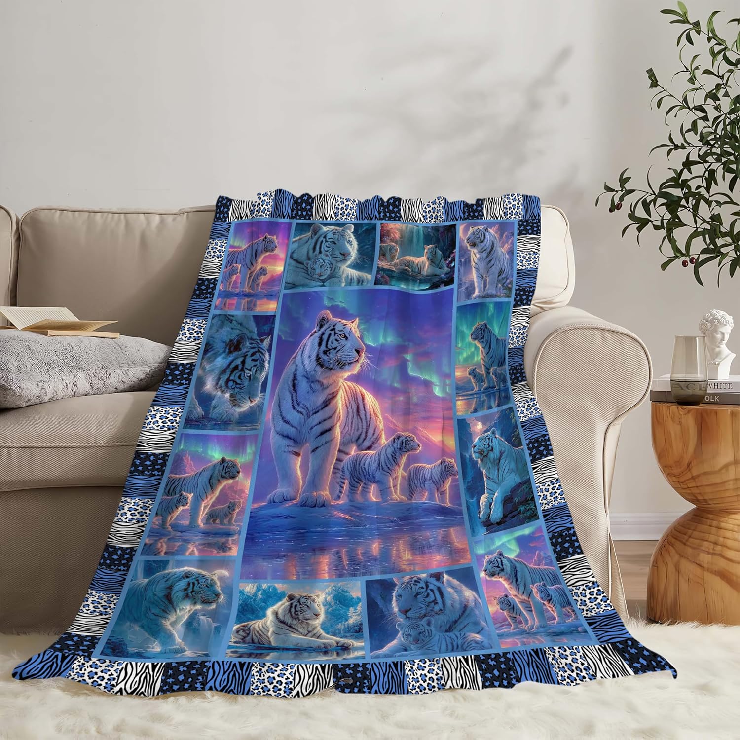 White Tiger Throw Blanket White Tiger Stuff Gifts for Kids Girls Boys Adults Women Men Soft Cozy Warm Plush Fluffy Fuzzy Fleece Blanket Decor 60''X80''