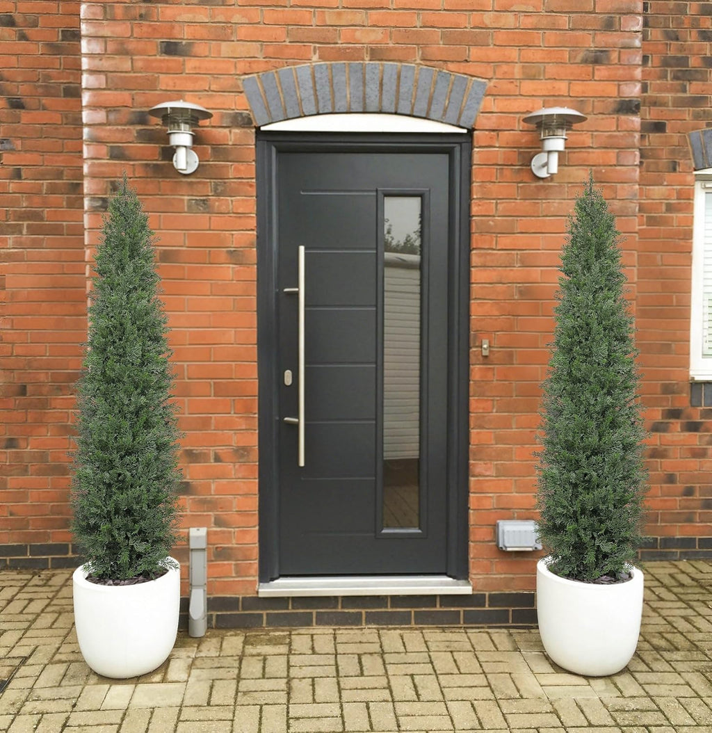 Briful Set of 2 Artificial Cedar Trees – 5FT Tall Faux Cypress Plants in Pots with Detachable Trunks, Realistic Green Leaves, UV Resistant Outdoor/Indoor Topiary Trees for Front Porch Patio Home Decor