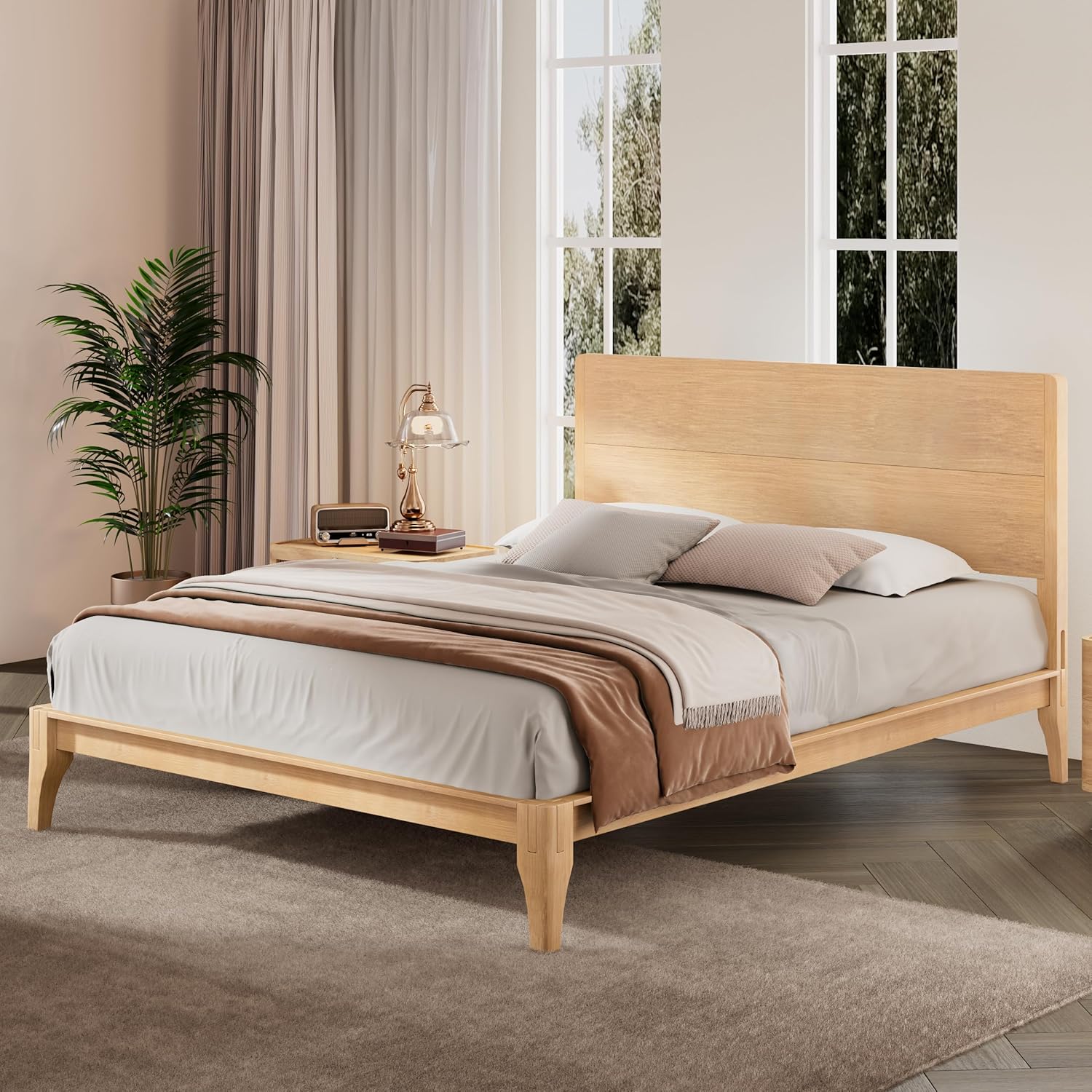 Merax Mid Century Bed Frame Queen Size with Headboard, Bamboo Wood Queen Platform Bed Frame with Wood Slat, Heavy Duty Steel Center Beam for Support, Under Bed Storage, No Box Spring Needed, Natural
