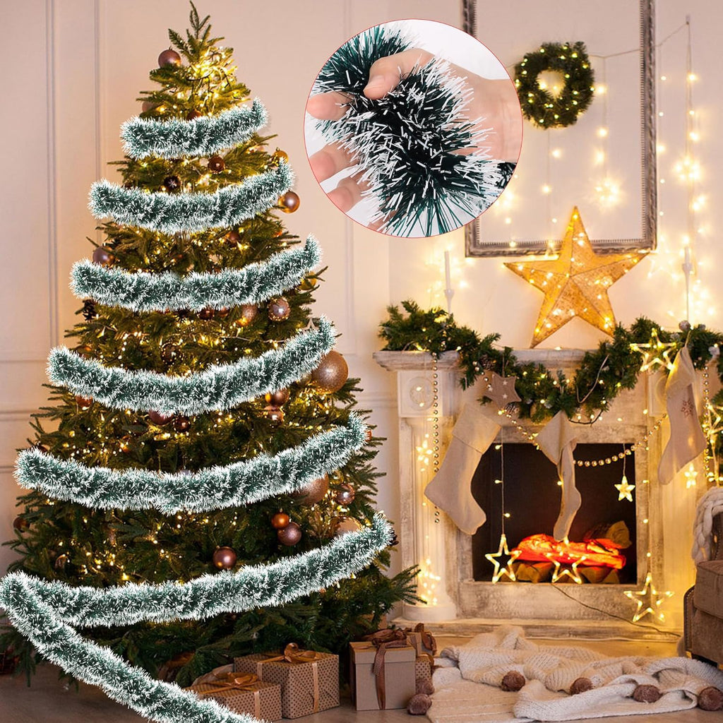 50 Feet Green White Christmas Tinsel Garland Christmas Decorations, Thick Metallic Twist Shiny Hanging Tinsel Garlands for Xmas Tree Decor Stairs Mantle Fireplace Home Indoor Holiday Party Supplies