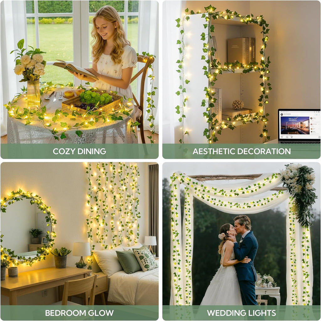 HEYFUNi Vines with Lights, 23 Ft 73 Led Fake Ivy String Lights Plug in, Leaf Lights for Bedroom, Wall, Balcony, Wedding Decor, Warm White