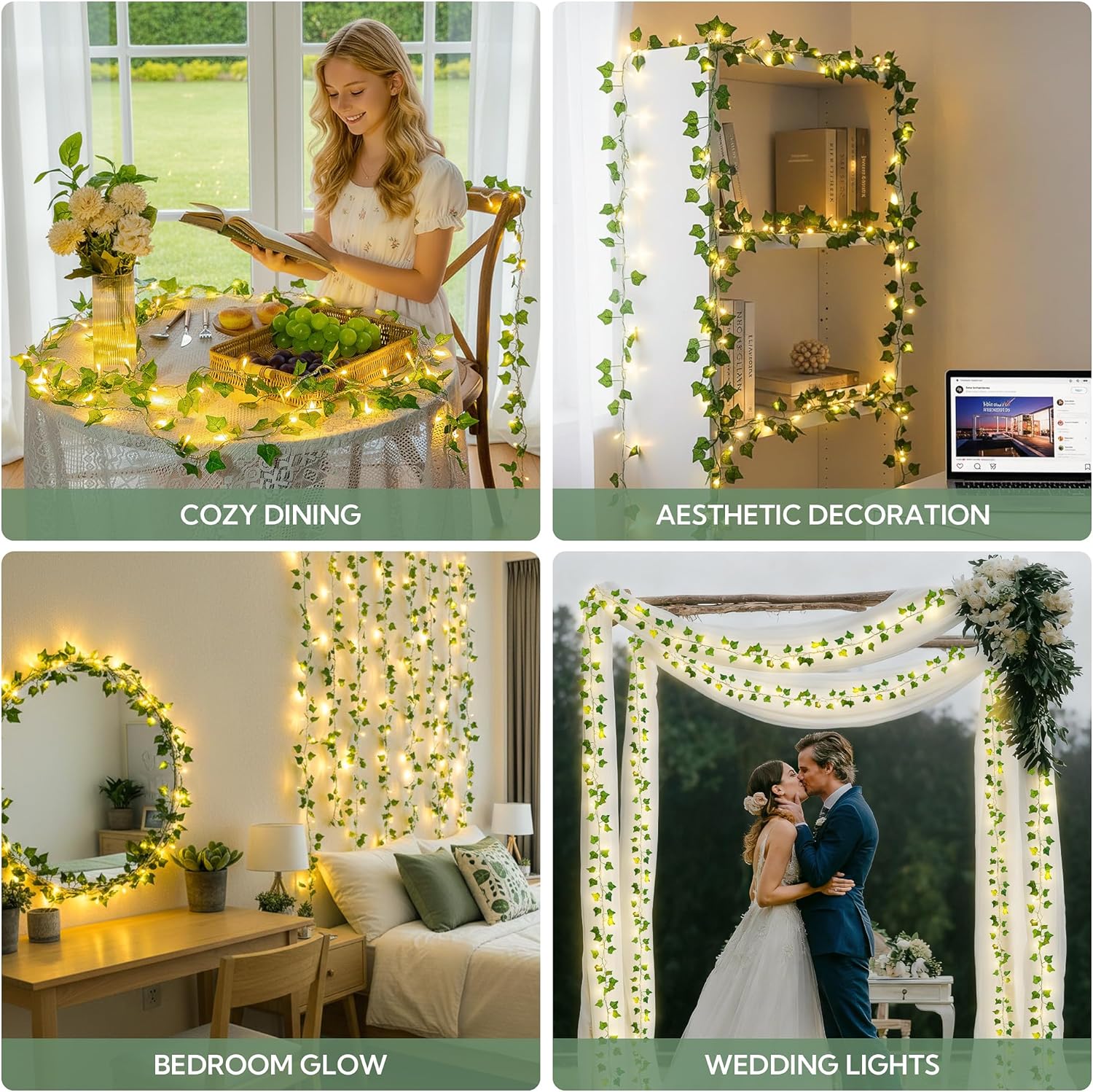 HEYFUNi Vines with Lights, 23 Ft 73 Led Fake Ivy String Lights Plug in, Leaf Lights for Bedroom, Wall, Balcony, Wedding Decor, Warm White
